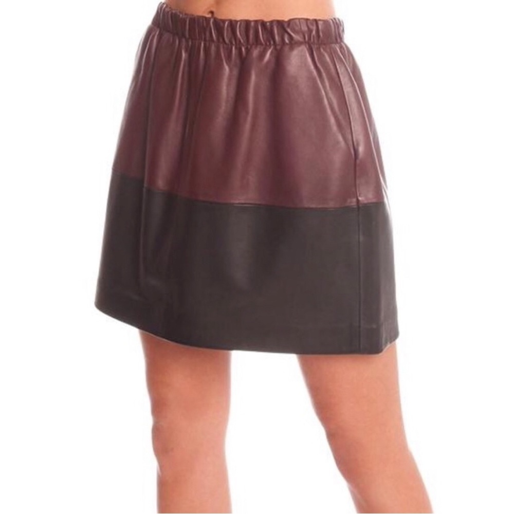 Vince Burgundy and Black Colorblock Lamb Leather Skirt Size M